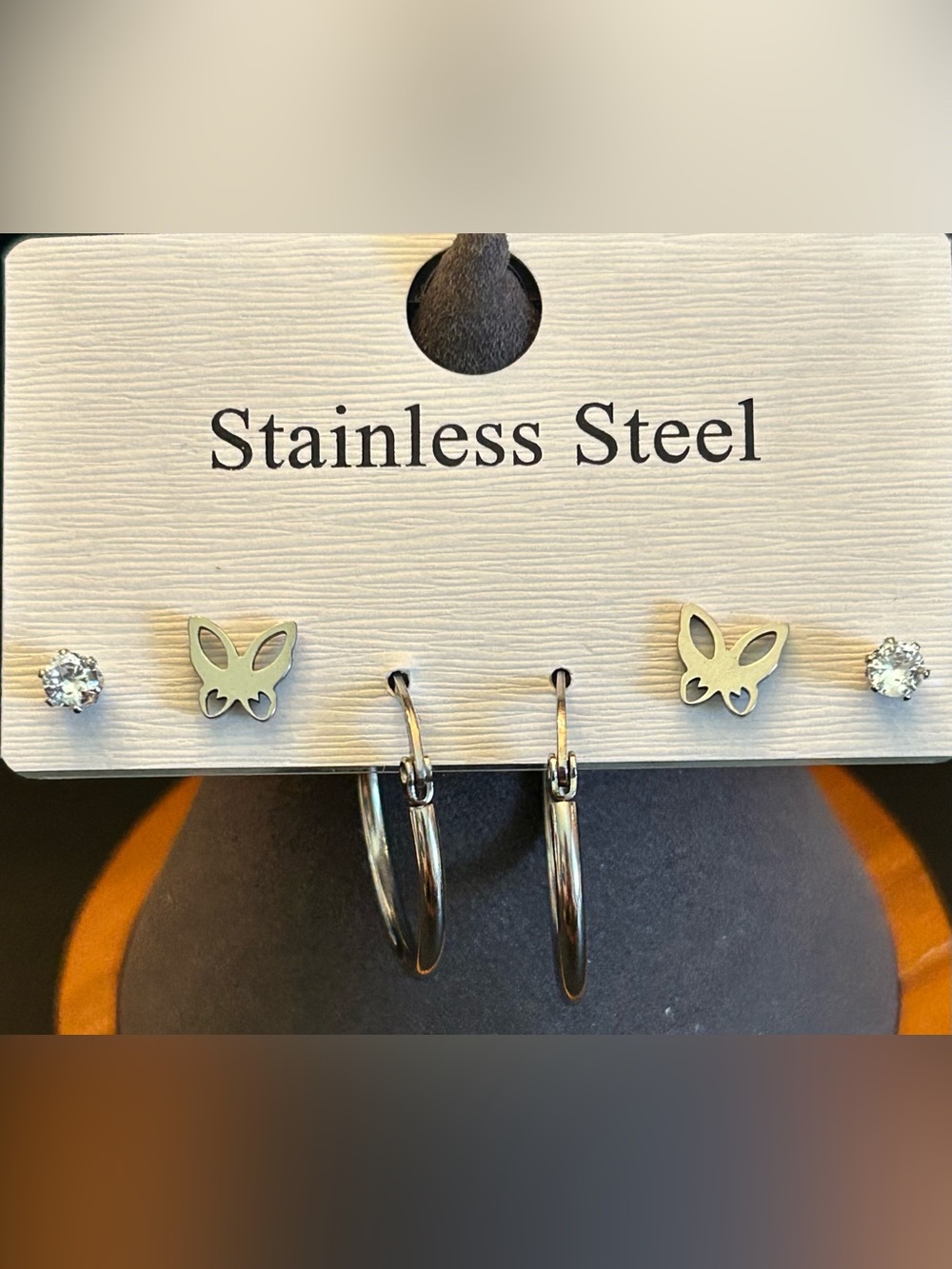 BUY 1 GET 1 Stainless Steel Set of 3 Butterfly Stud, Hoop & Crystal Stud Earring